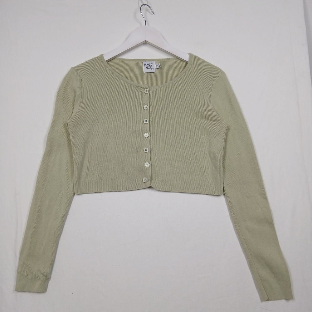 Princess Polly Sage Green Ribbed Cropped Cardigan Button Front Cotton Size 6
